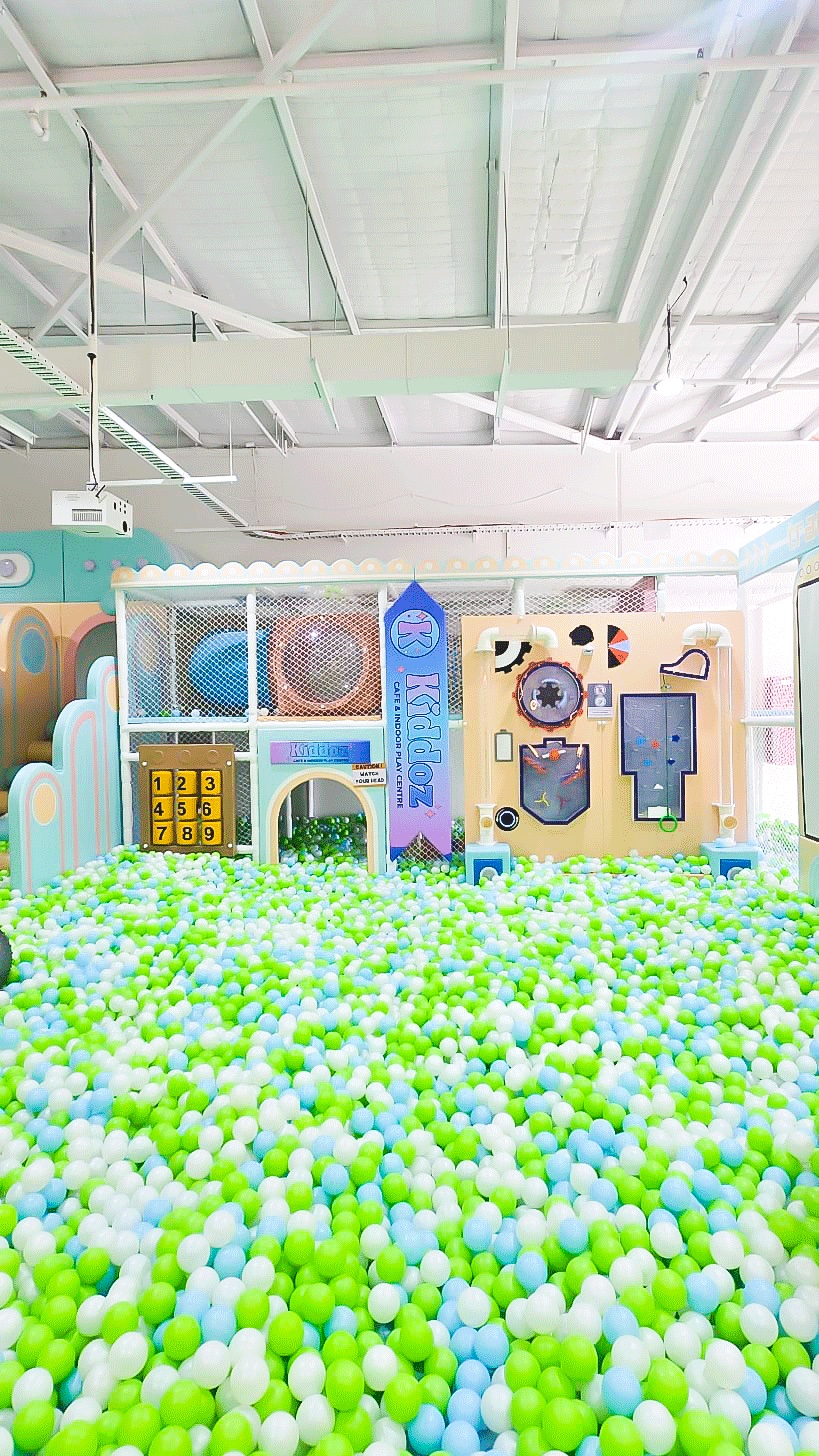 The ball pit and play frame in the party room